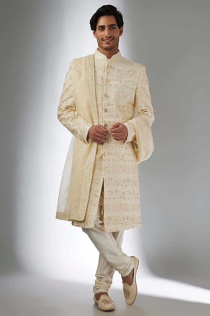 Gold Raw Silk Groom Sherwani Set by Jayesh and Kaajal Shah at Pernia's Pop Up Shop