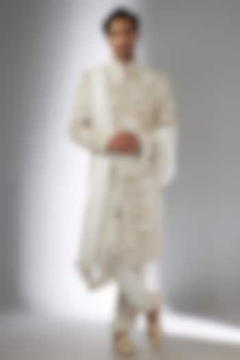 Ivory Herringbone Sherwani Set by Jayesh and Kaajal Shah