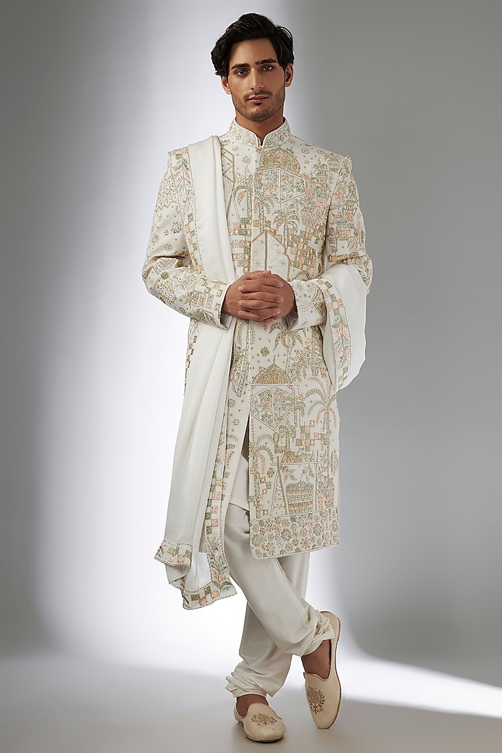 Ivory Herringbone Sherwani Set by Jayesh and Kaajal Shah