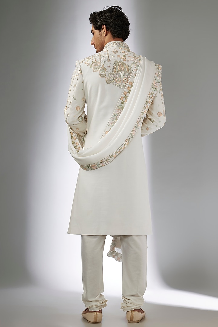 Ivory Herringbone Groom Sherwani Set by Jayesh and Kaajal Shah Men at Pernia's Pop Up Shop