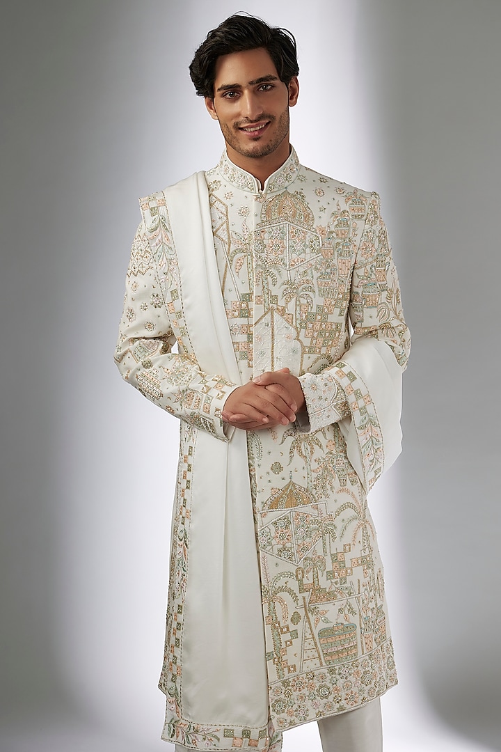 Ivory Herringbone Groom Sherwani Set by Jayesh and Kaajal Shah Men at Pernia's Pop Up Shop
