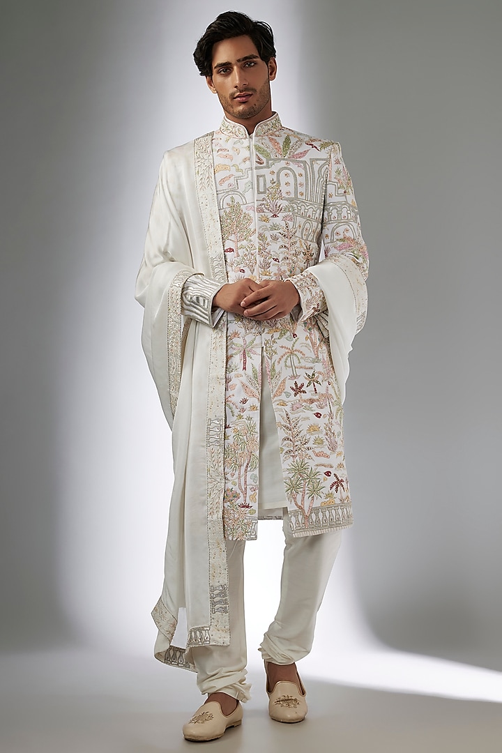 White Matka Silk Sherwani Set by Jayesh and Kaajal Shah