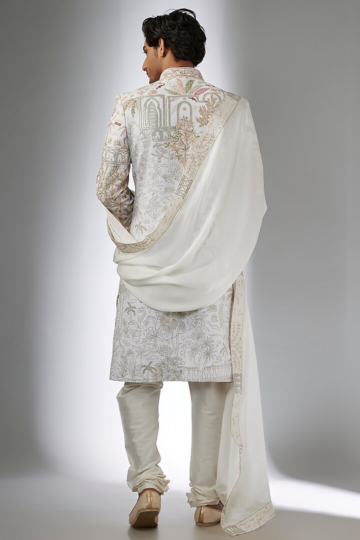 White Matka Silk Groom Sherwani Set by Jayesh and Kaajal Shah Men at Pernia's Pop Up Shop