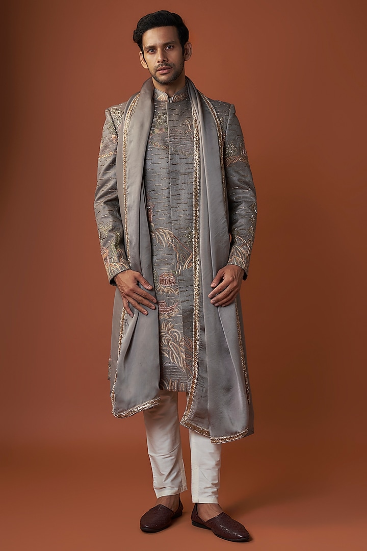 Grey Lucknowi Floral Boota Groom Sherwani Set by Jayesh and Kaajal Shah at Pernia's Pop Up Shop