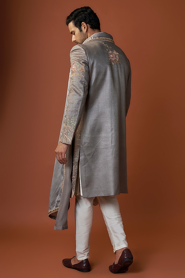 Grey Lucknowi Floral Boota Groom Sherwani Set by Jayesh and Kaajal Shah Men at Pernia's Pop Up Shop
