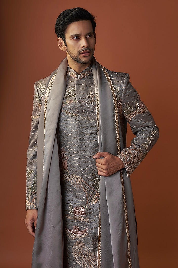 Grey Lucknowi Floral Boota Groom Sherwani Set by Jayesh and Kaajal Shah Men at Pernia's Pop Up Shop