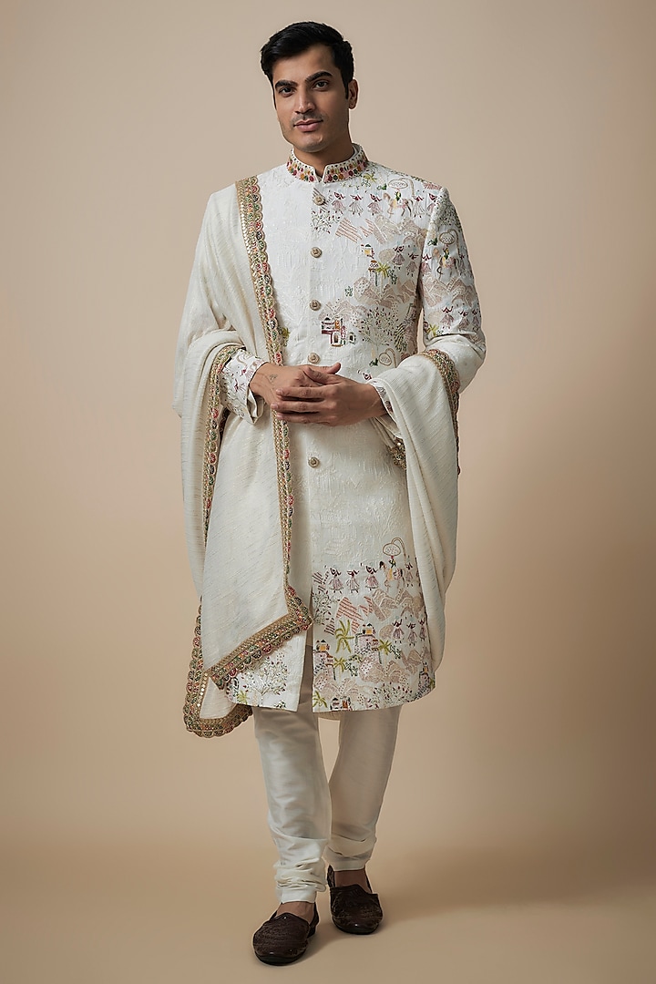 Ivory Lucknowi Sherwani Set by Jayesh and Kaajal Shah