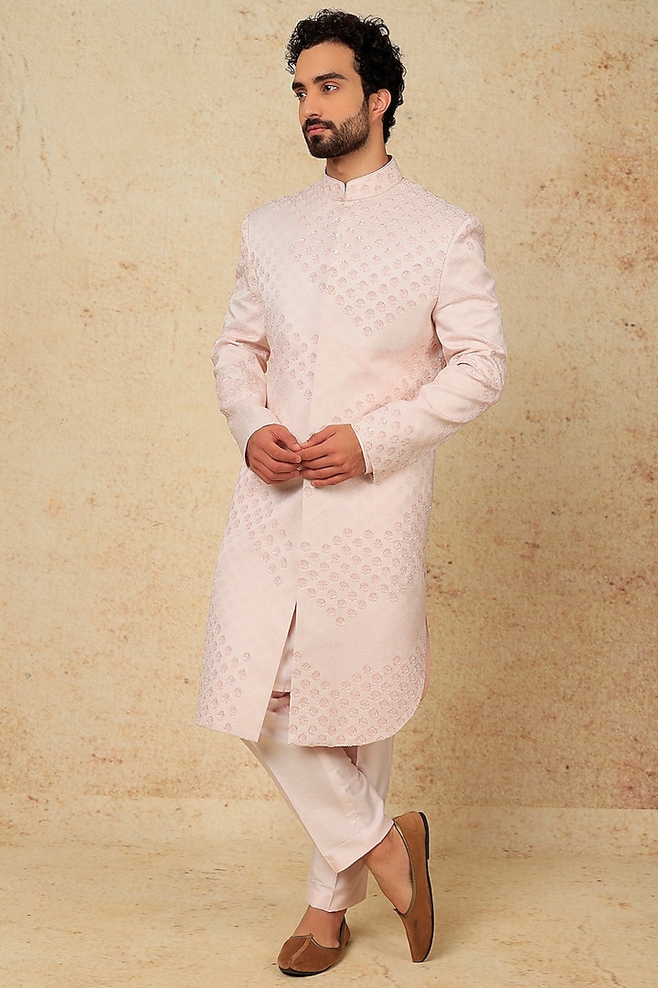 Blush Pink Printed & Hand Embroidered Sherwani Set by Jayesh and Kaajal Shah