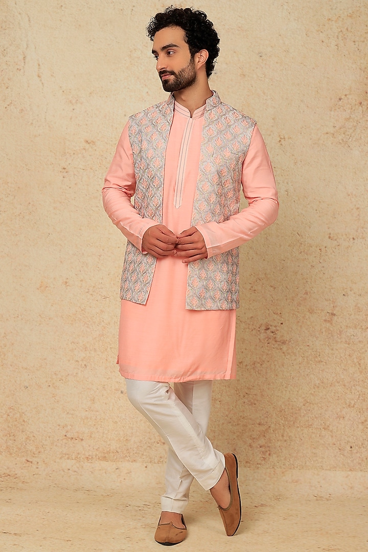 Peach Modal Cotton Indowestern Set by Jayesh and Kaajal Shah