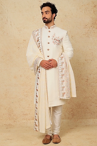 White Hand Embroidered Sherwani Set by Jayesh and Kaajal Shah