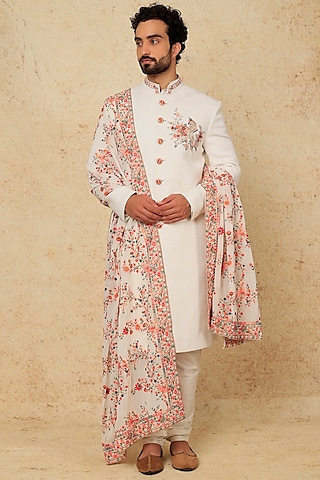 White Sherwani Set With Hand Embroidery by Jayesh and Kaajal Shah