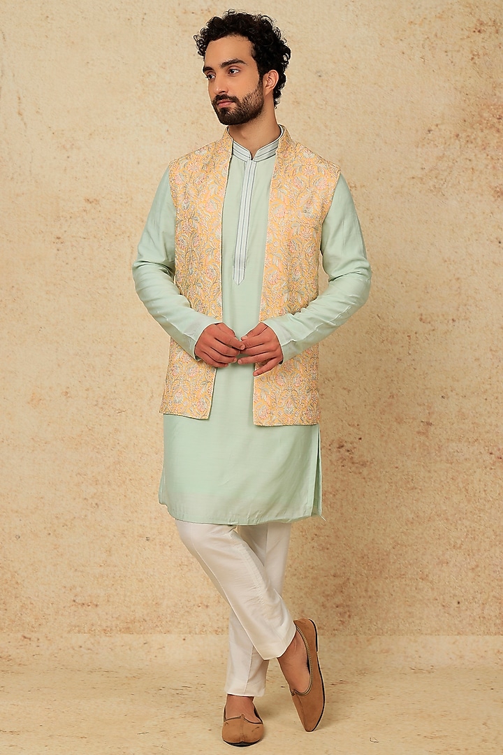 Mint Blue Modal Cotton Kurta Set With Yellow Bundi Jacket by Jayesh and Kaajal Shah