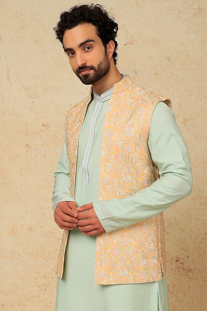 Mint Blue Modal Cotton Kurta Set With Yellow Bundi Jacket by Jayesh and Kaajal Shah Men at Pernia's Pop Up Shop