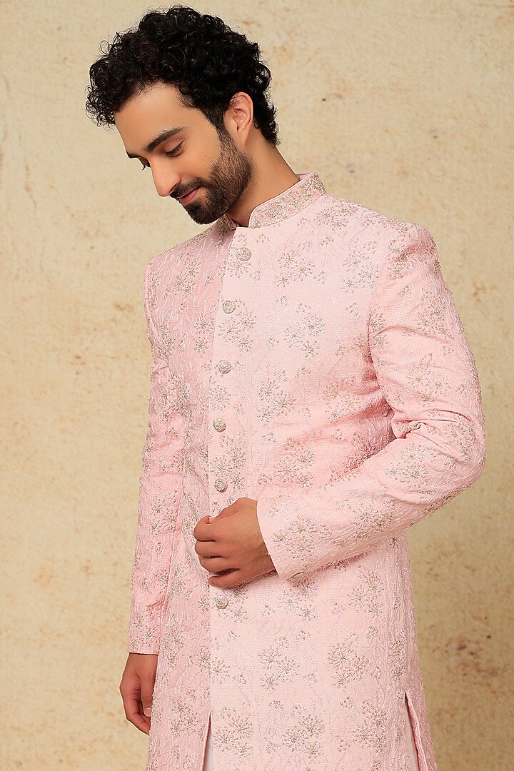 Pink Hand Embroidered Wedding Sherwani Set by Jayesh and Kaajal Shah Men at Pernia's Pop Up Shop