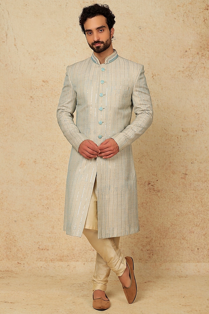 Mint Blue Machine & Hand Embroidered Sherwani Set by Jayesh and Kaajal Shah