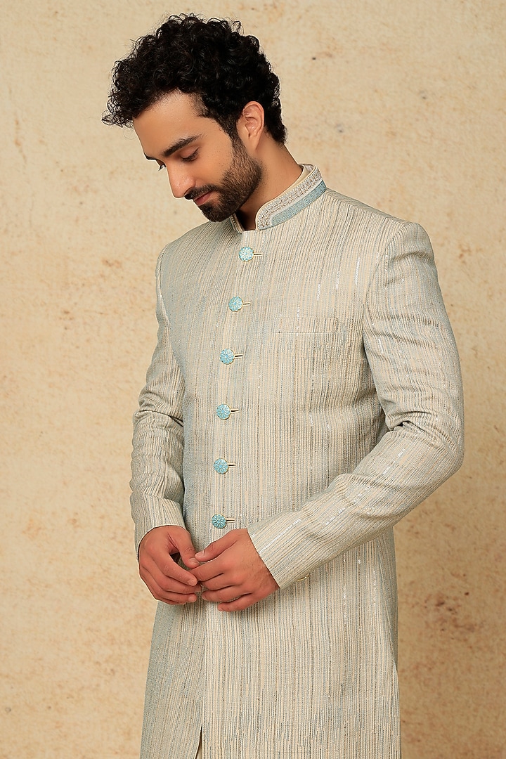 Mint Blue Machine & Hand Embroidered Wedding Sherwani Set by Jayesh and Kaajal Shah Men at Pernia's Pop Up Shop