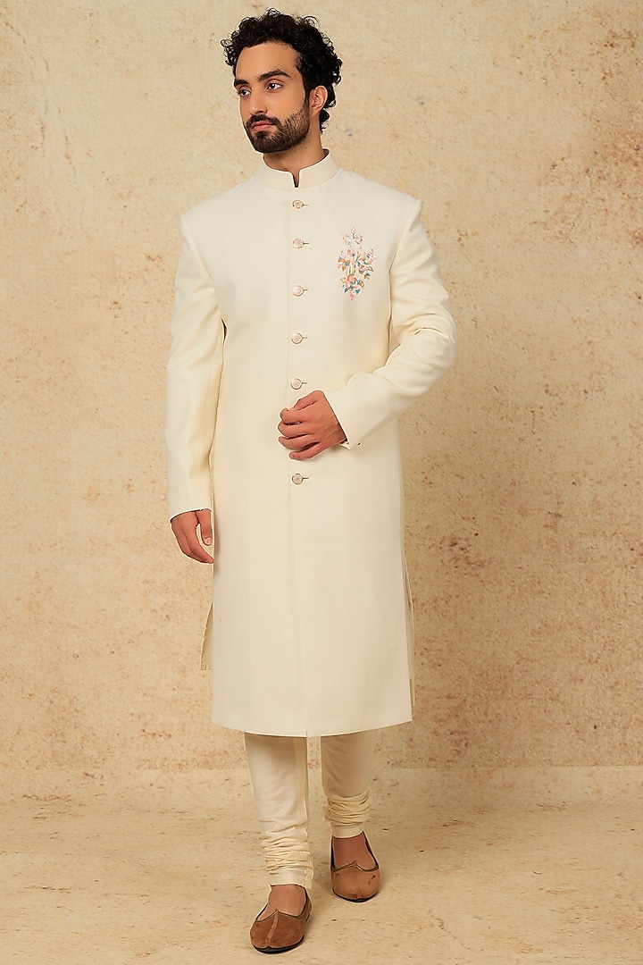 Ivory Sequins Hand Embroidered Sherwani Set by Jayesh and Kaajal Shah