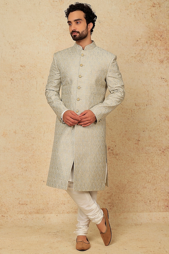 Mint Olive Machine Embroidered Sherwani Set by Jayesh and Kaajal Shah