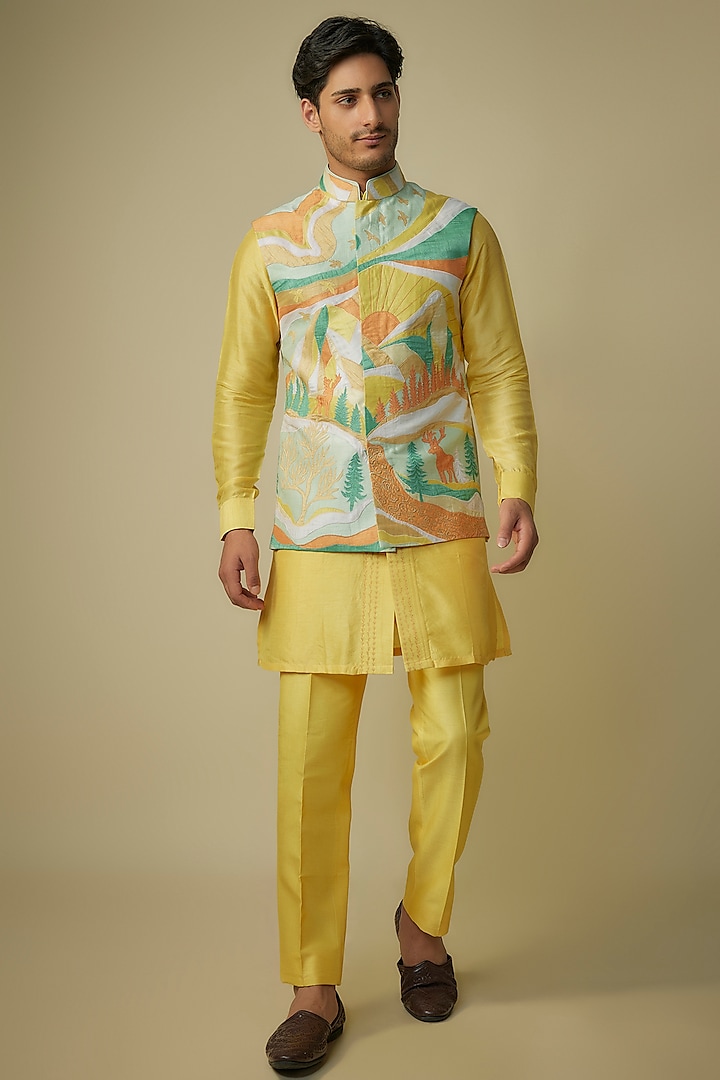 Yellow Nokia Silk Patch Work Bundi Jacket Set by Jayesh and Kaajal Shah