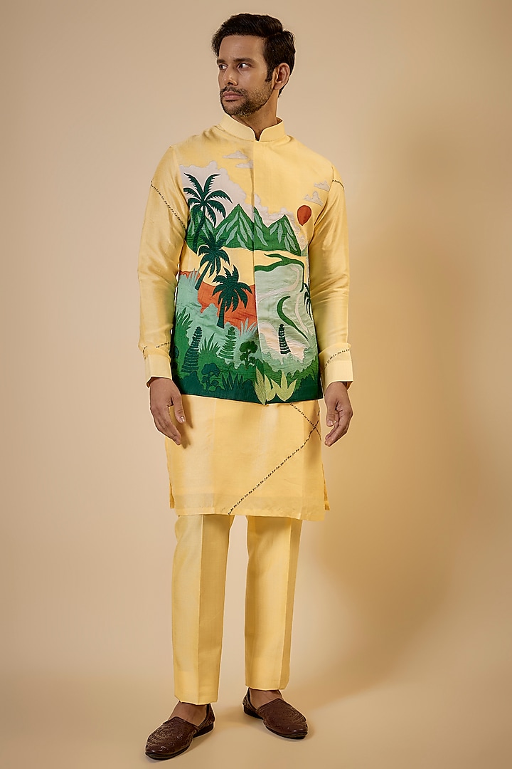 Yellow Nokia Silk Patch Work Bundi Jacket Set by Jayesh and Kaajal Shah