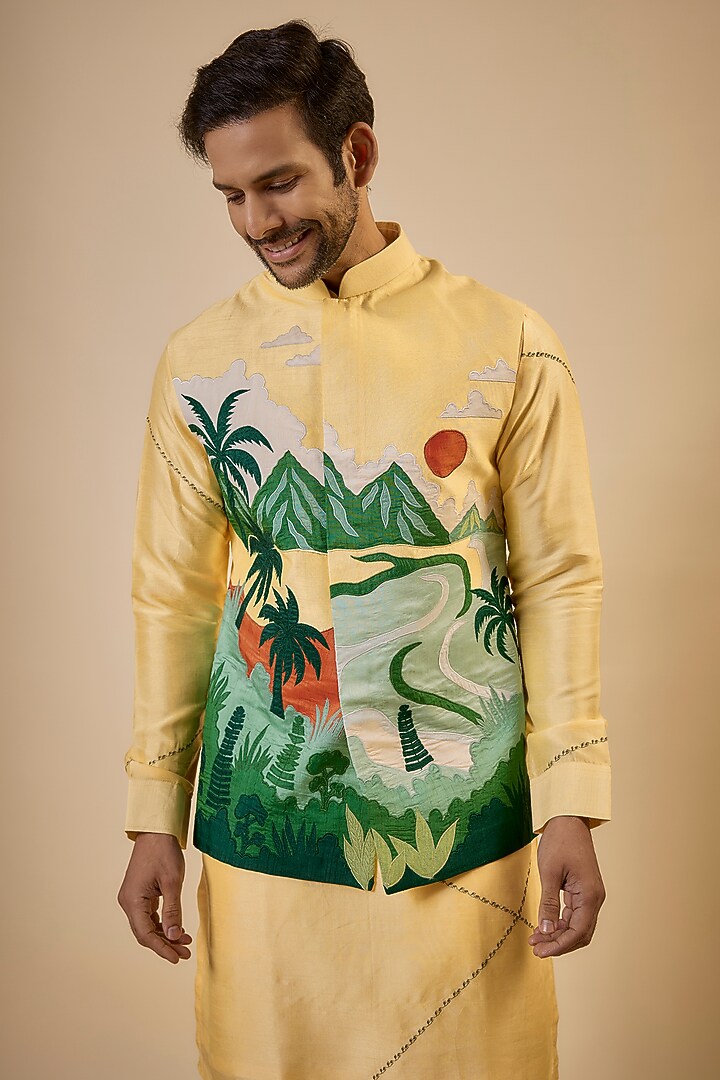 Yellow Nokia Silk Patch Work Bundi Jacket Set by Jayesh and Kaajal Shah Men at Pernia's Pop Up Shop
