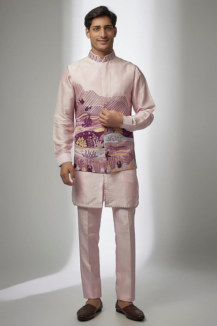 Lilac Silk Blended Hand Embroidered Bundi Jacket Set by Jayesh and Kaajal Shah