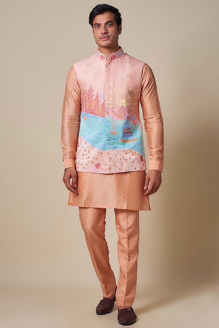 Peach Silk Thread Embroidered Nehru Jacket Set by Jayesh and Kaajal Shah at Pernia's Pop Up Shop