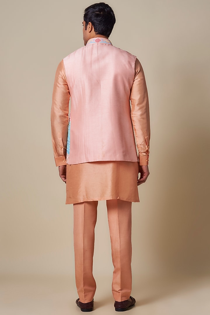 Peach Silk Thread Embroidered Nehru Jacket Set by Jayesh and Kaajal Shah Men at Pernia's Pop Up Shop