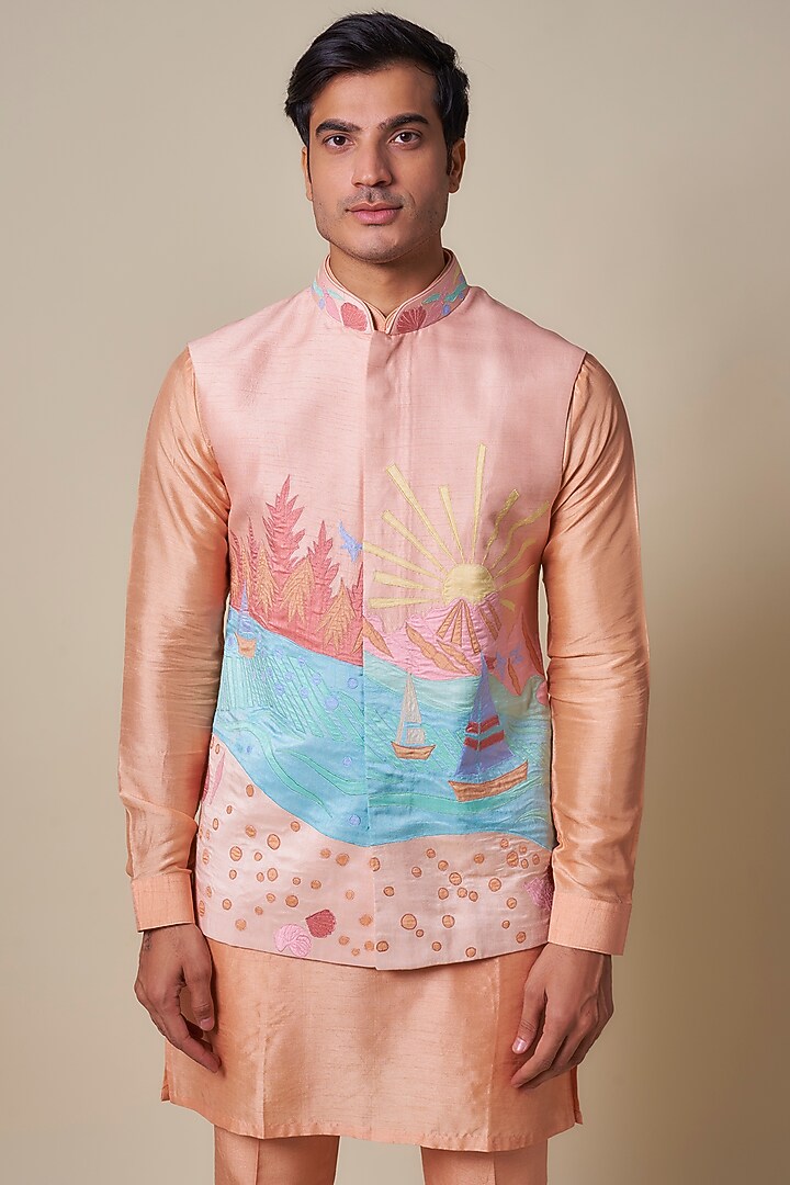 Peach Silk Thread Embroidered Nehru Jacket Set by Jayesh and Kaajal Shah Men at Pernia's Pop Up Shop
