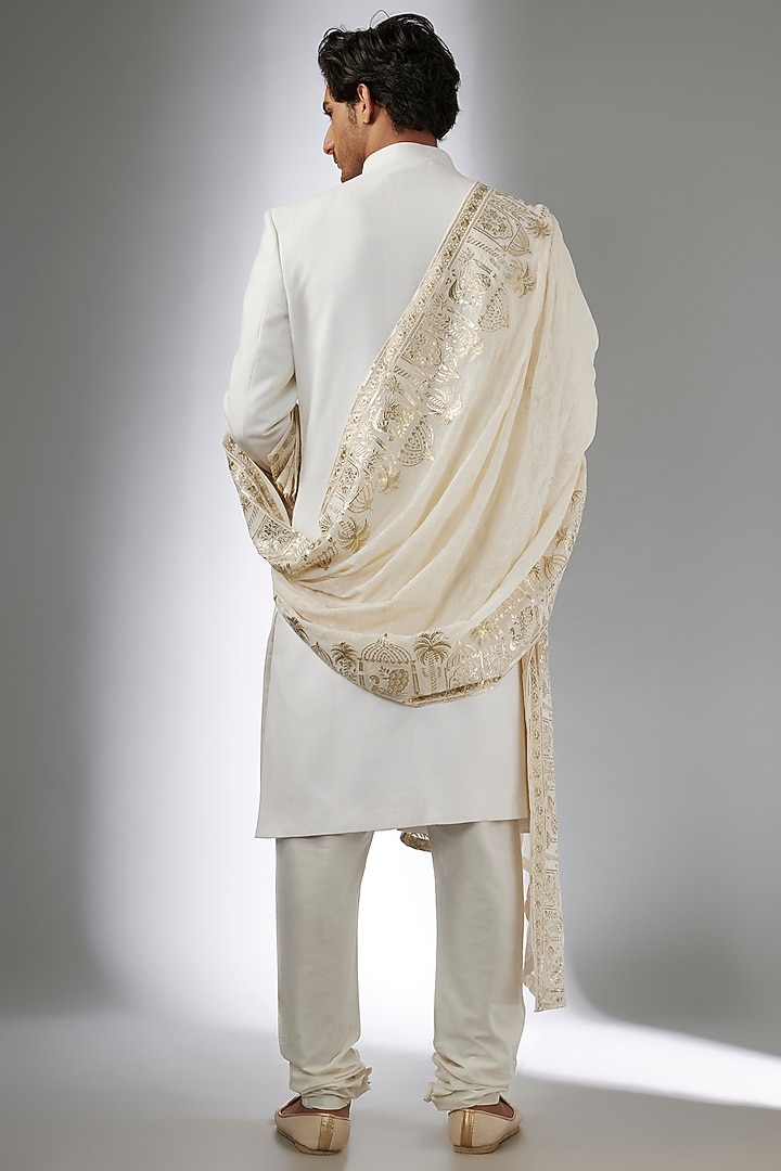 Ivory Herringbone Wedding Sherwani Set by Jayesh and Kaajal Shah Men at Pernia's Pop Up Shop