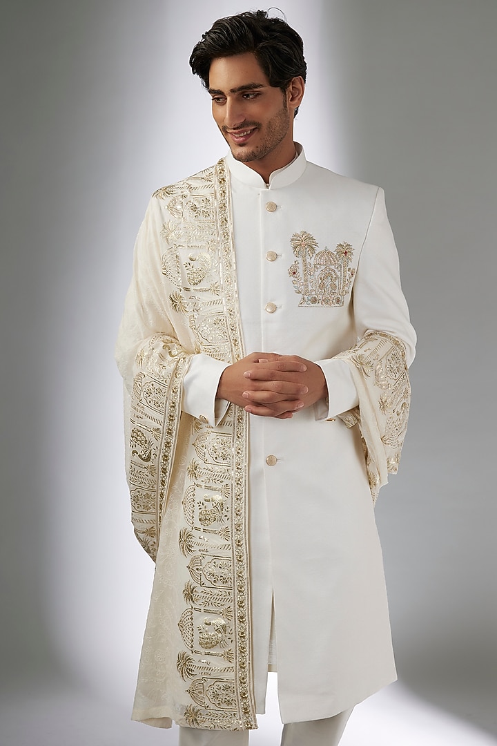 Ivory Herringbone Wedding Sherwani Set by Jayesh and Kaajal Shah Men at Pernia's Pop Up Shop