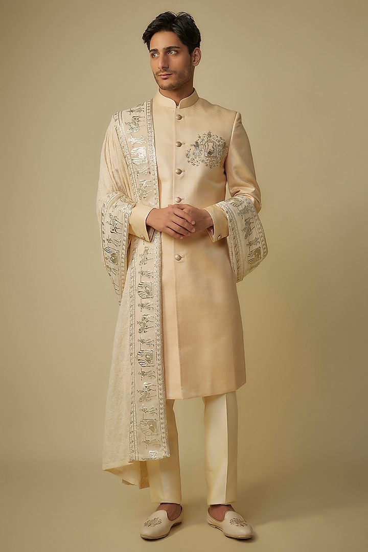 Gold Herringbone Fabric Motif Work Sherwani Set by Jayesh and Kaajal Shah