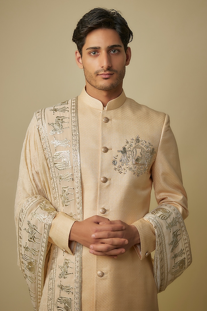 Gold Herringbone Fabric Motif Work Wedding Sherwani Set by Jayesh and Kaajal Shah Men at Pernia's Pop Up Shop