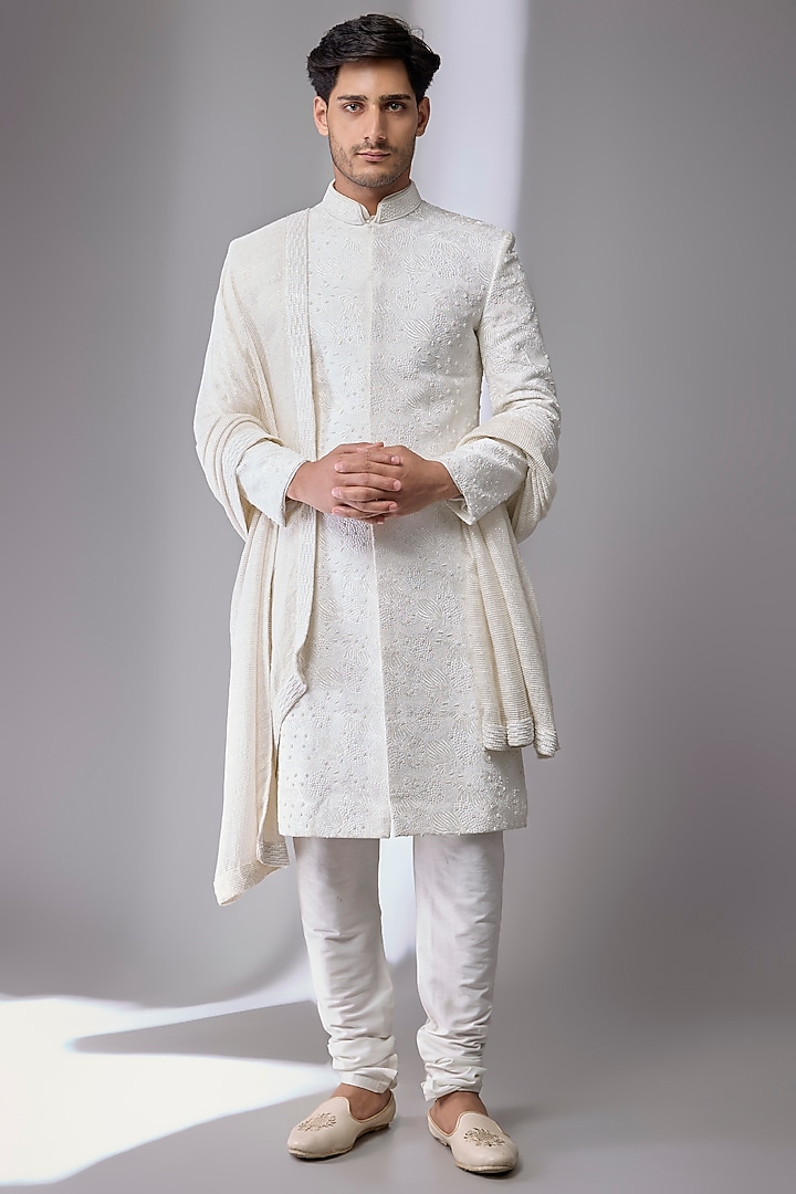 White Silk Groom Sherwani Set by Jayesh and Kaajal Shah Men at Pernia's Pop Up Shop