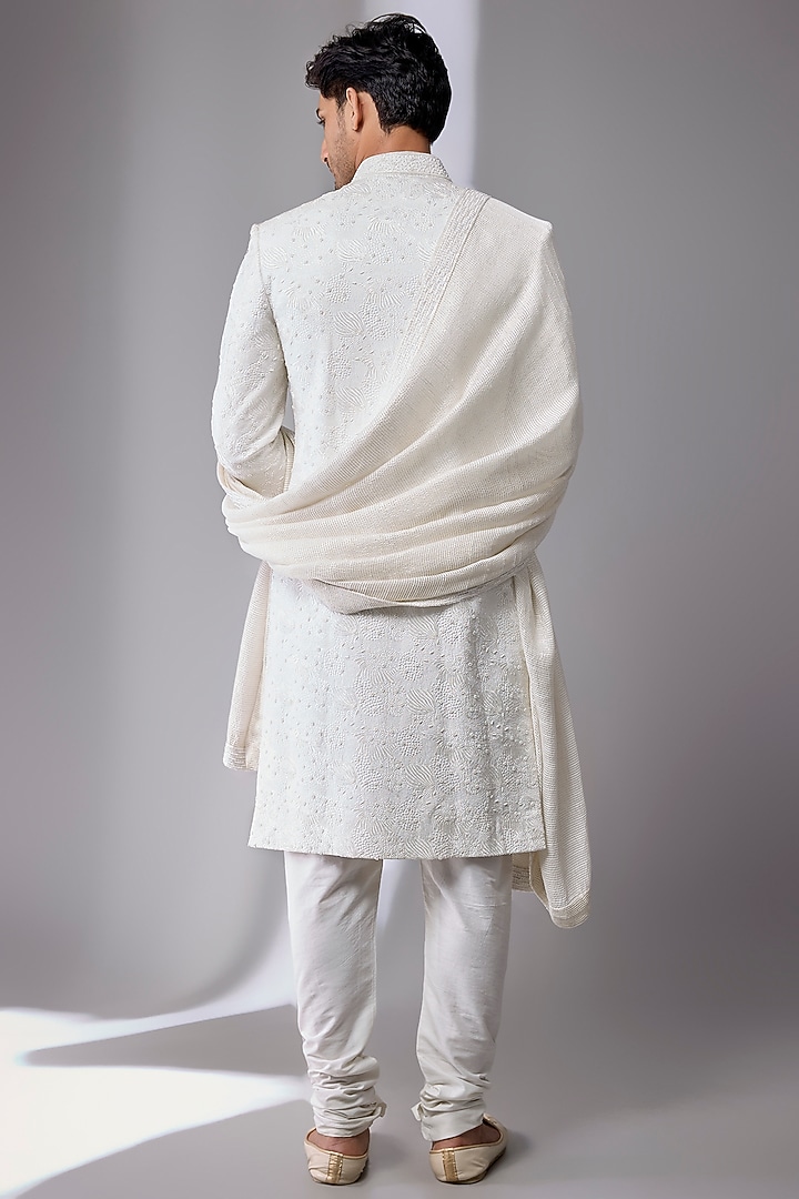 White Silk Groom Sherwani Set by Jayesh and Kaajal Shah Men at Pernia's Pop Up Shop