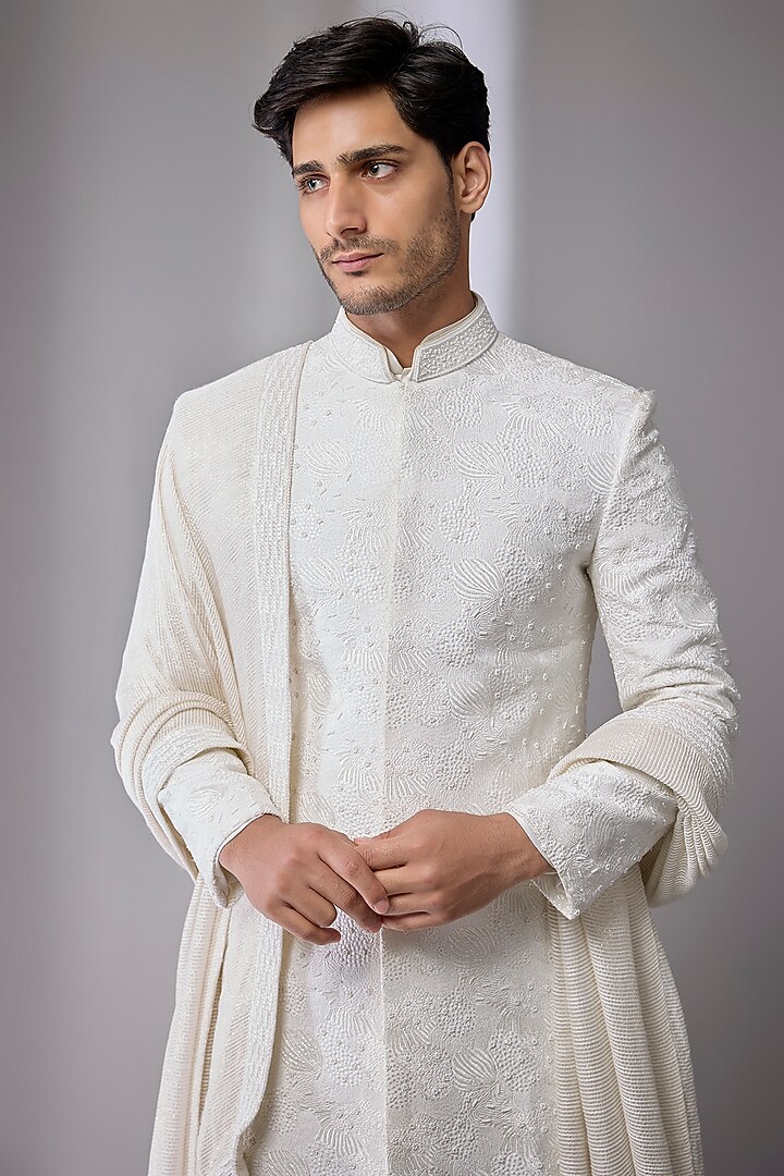 White Silk Groom Sherwani Set by Jayesh and Kaajal Shah Men at Pernia's Pop Up Shop