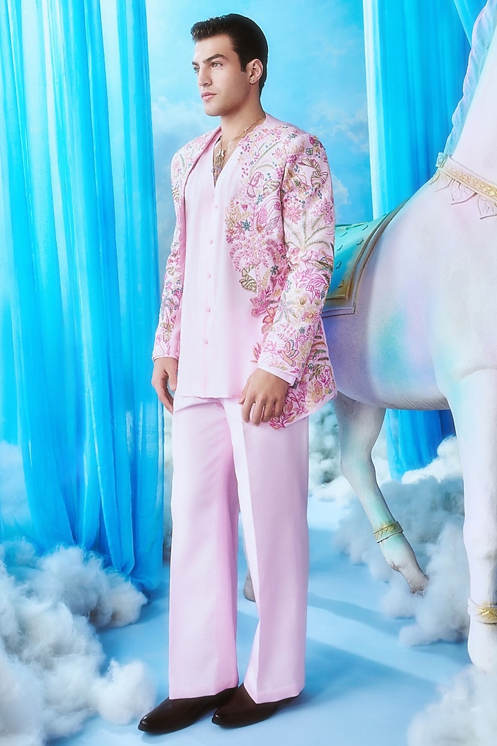 Blush Pink Silk Hand Embroidered Bomber Jacket Set by Jayesh and Kaajal Shah Men at Pernia's Pop Up Shop