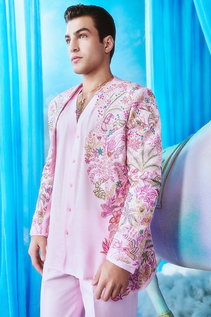 Blush Pink Silk Hand Embroidered Bomber Jacket Set by Jayesh and Kaajal Shah Men at Pernia's Pop Up Shop