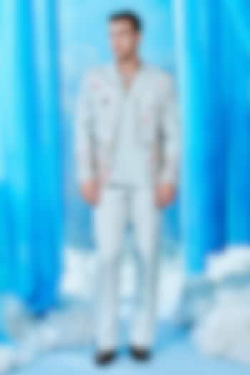 Ice Blue Silk Hand Embroidered Bomber Jacket Set by Jayesh and Kaajal Shah Men at Pernia's Pop Up Shop