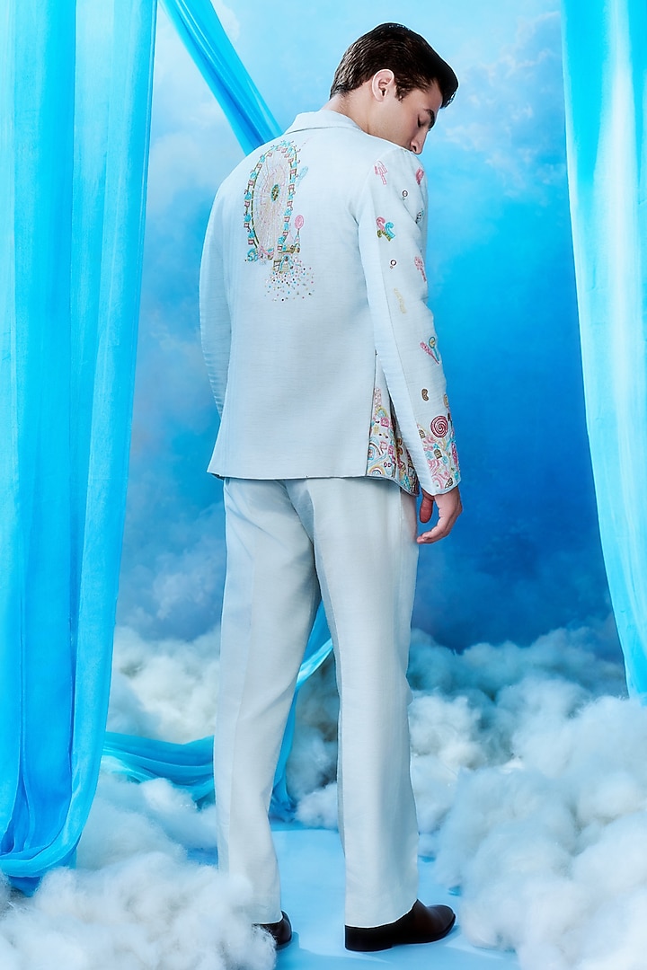 Ice Blue Silk Hand Embroidered Bomber Jacket Set by Jayesh and Kaajal Shah Men at Pernia's Pop Up Shop