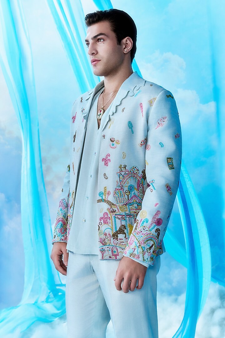 Ice Blue Silk Hand Embroidered Bomber Jacket Set by Jayesh and Kaajal Shah Men at Pernia's Pop Up Shop
