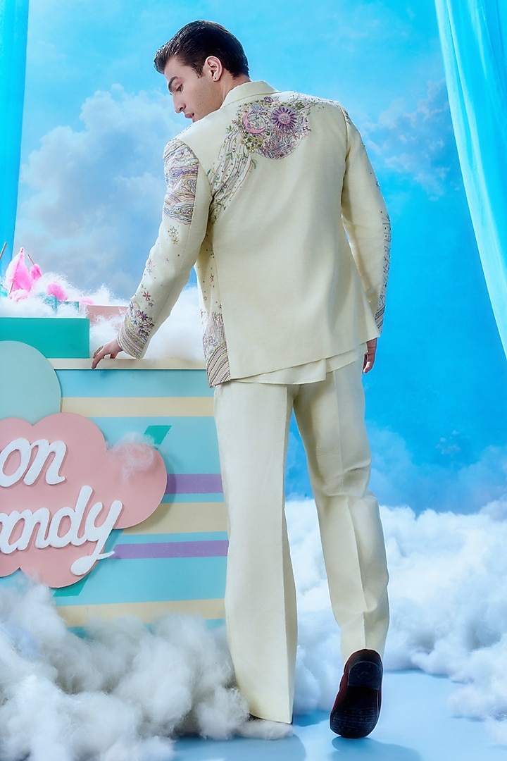Butter Yellow Silk Bomber Jacket Set by Jayesh and Kaajal Shah Men at Pernia's Pop Up Shop