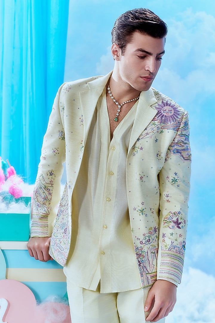 Butter Yellow Silk Bomber Jacket Set by Jayesh and Kaajal Shah Men at Pernia's Pop Up Shop