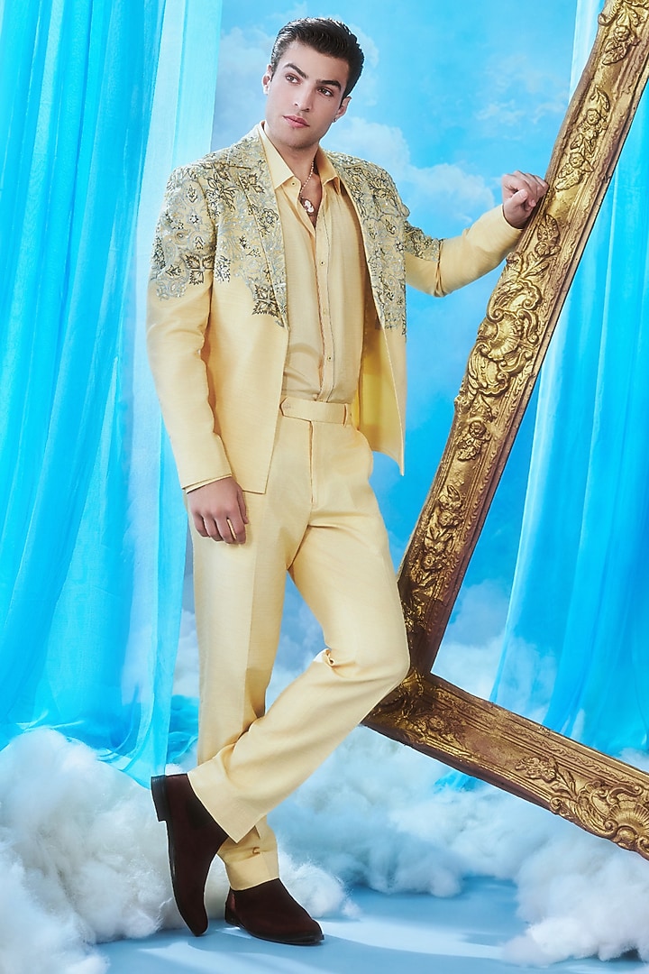 Butter Yellow Silk Bomber Jacket Set by Jayesh and Kaajal Shah Men at Pernia's Pop Up Shop