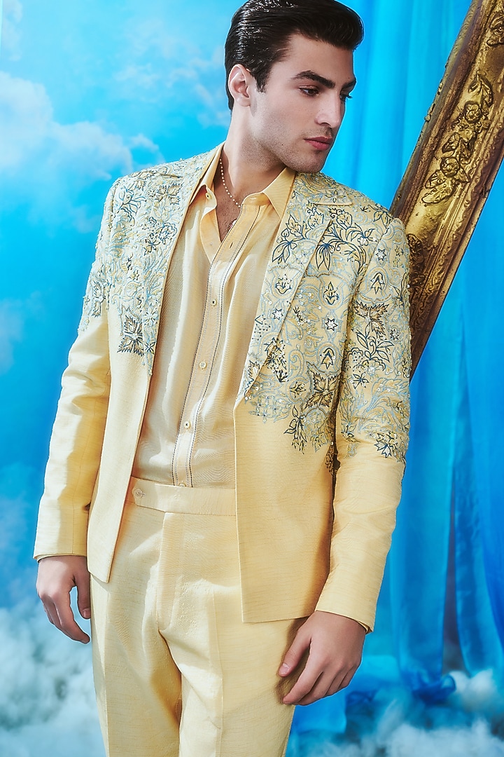 Butter Yellow Silk Bomber Jacket Set by Jayesh and Kaajal Shah Men at Pernia's Pop Up Shop