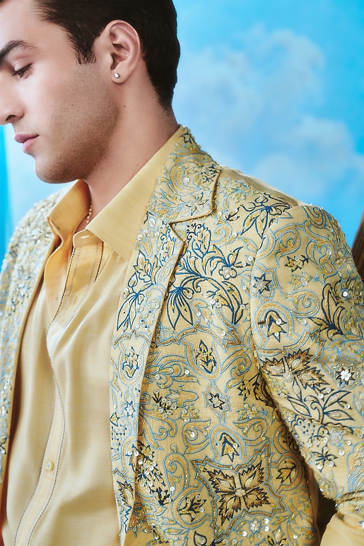 Butter Yellow Silk Bomber Jacket Set by Jayesh and Kaajal Shah Men at Pernia's Pop Up Shop