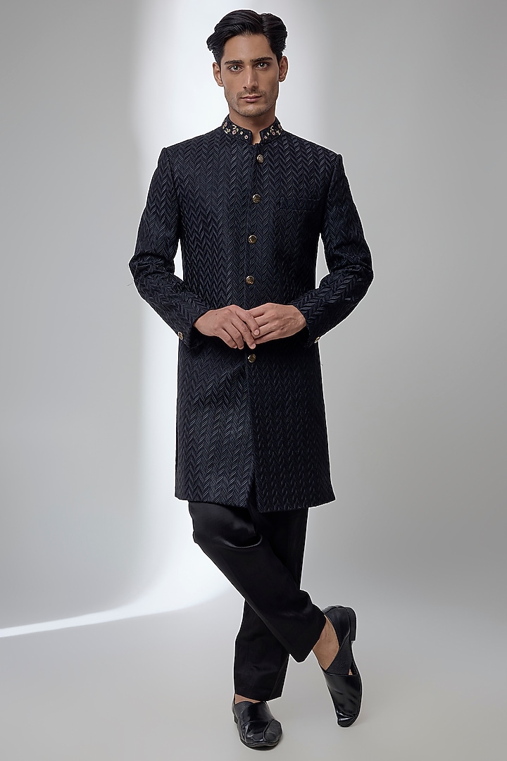 Black Silk Wedding Sherwani Set by Jayesh and Kaajal Shah Men at Pernia's Pop Up Shop