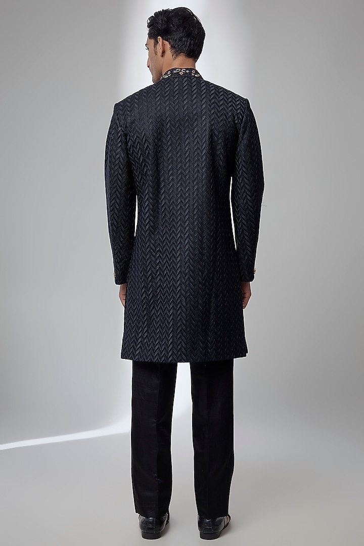 Black Silk Wedding Sherwani Set by Jayesh and Kaajal Shah Men at Pernia's Pop Up Shop