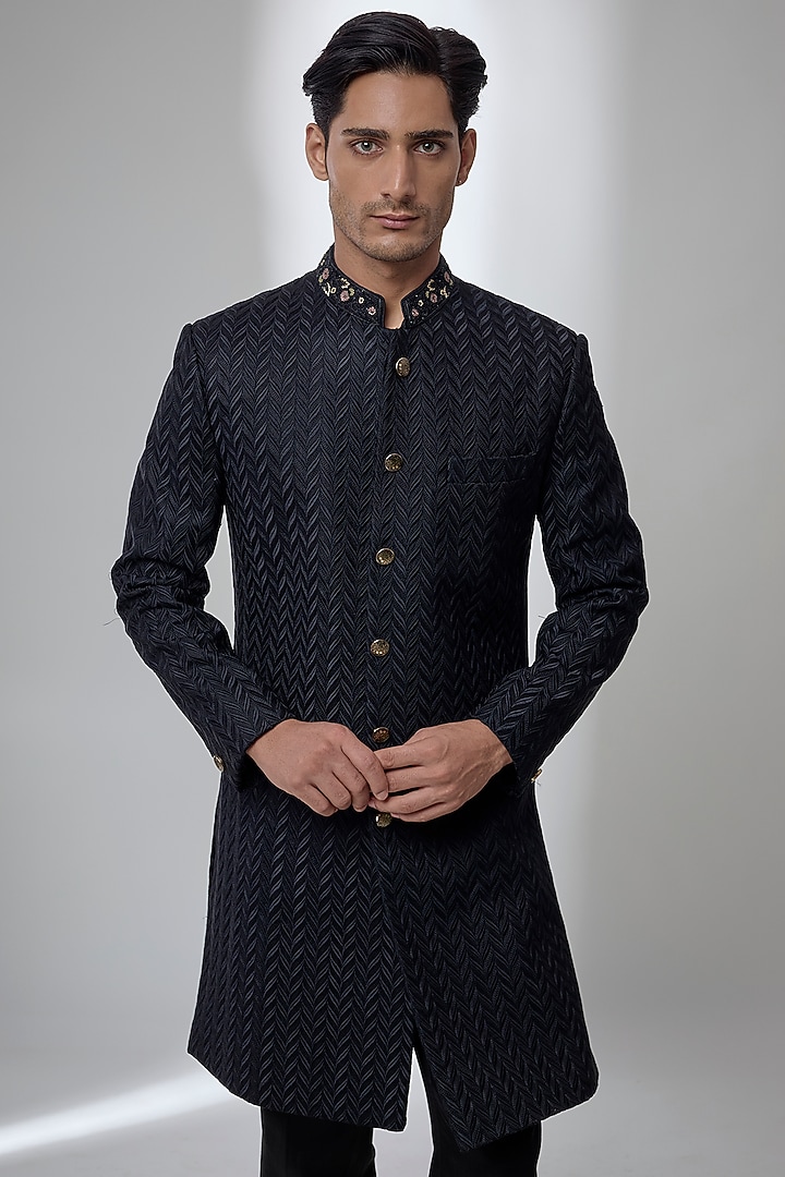 Black Silk Wedding Sherwani Set by Jayesh and Kaajal Shah Men at Pernia's Pop Up Shop
