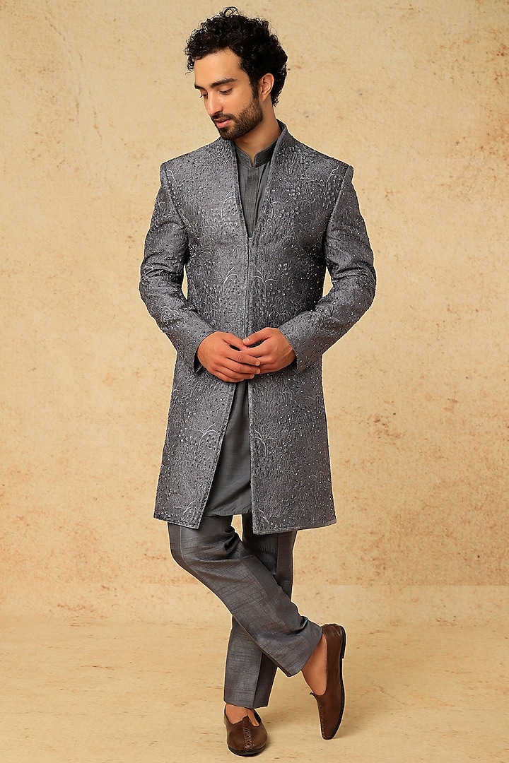 Grey Embroidered Indo Western Set by Jayesh and Kaajal Shah